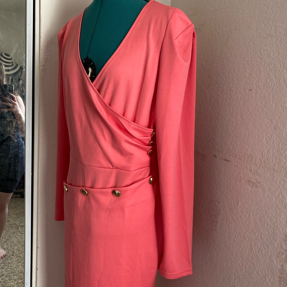 SOLD Coral Pink Bandage Bodycon Asymmetrical Knee-length studded dress Size XL - Picture 5 of 5